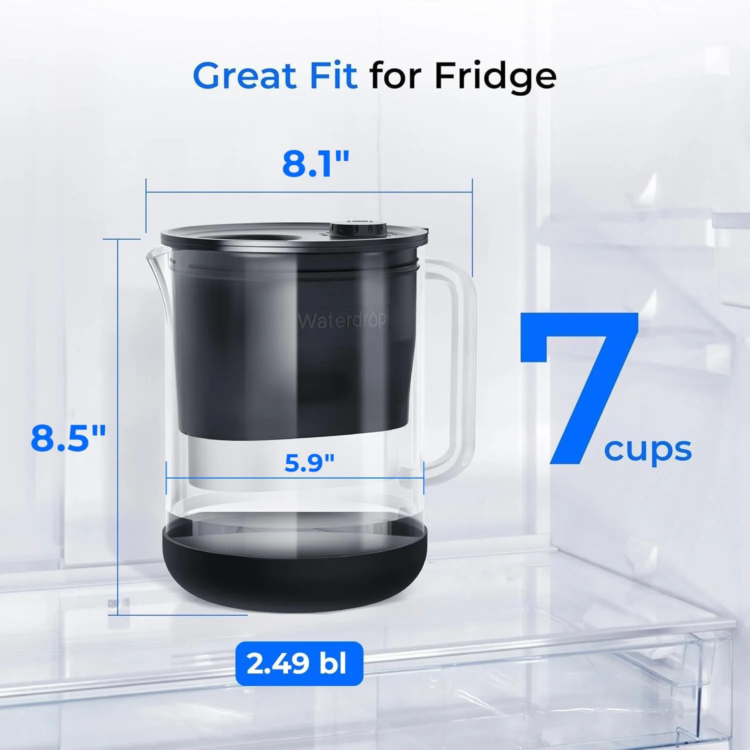 Waterdrop Glass Water Filter Pitcher with 1 Filter, Eco-Friendly, with NSF 53&42&372 Certified Filter, 7-Cup, Reduces PFOA/PFOS, Chlorine, Cadmium, Copper, Mercury, BPA Free, Easy to Clean, Black