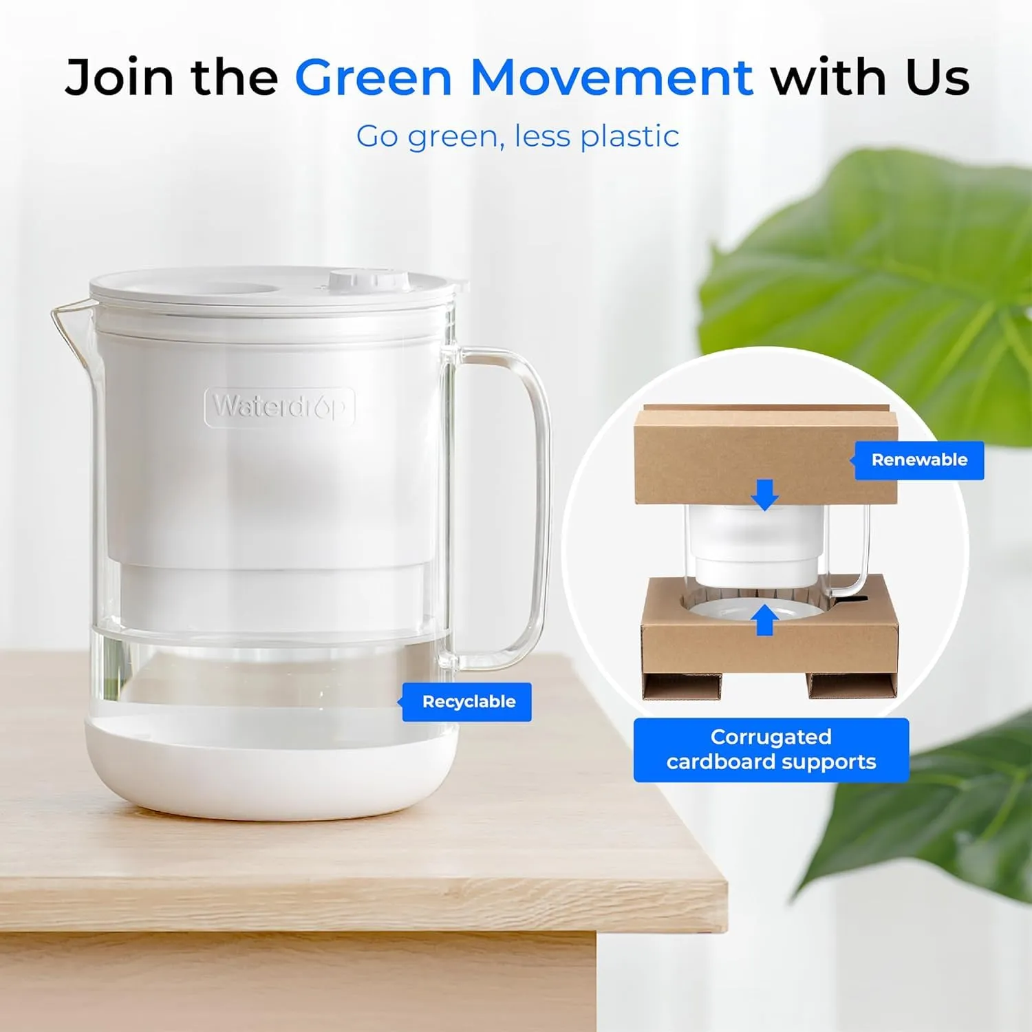 Waterdrop Glass Water Filter Pitcher with 1 Filter, Eco-Friendly, with NSF 53&42&372 Certified Filter, 7-Cup, Reduces PFOA/PFOS, Chlorine, Cadmium, Copper, Mercury, BPA Free, Easy to Clean, White