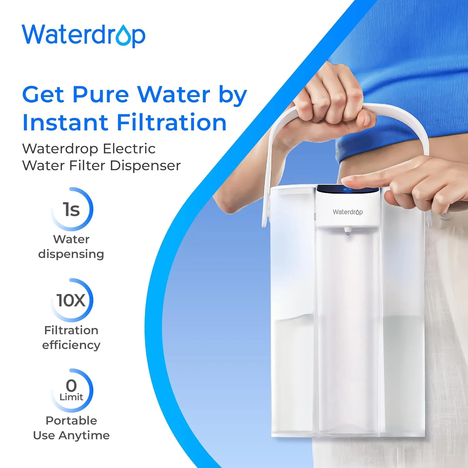 Waterdrop Rechargeable Water Filter Pitcher, Reduce 99.6% of Lead and 45  Impurities, 1-Year Electric Water Dispenser, Instant 15-Cup Countertop System, NSF/ANSI 401&53&42&372, NOT Reduce TDS