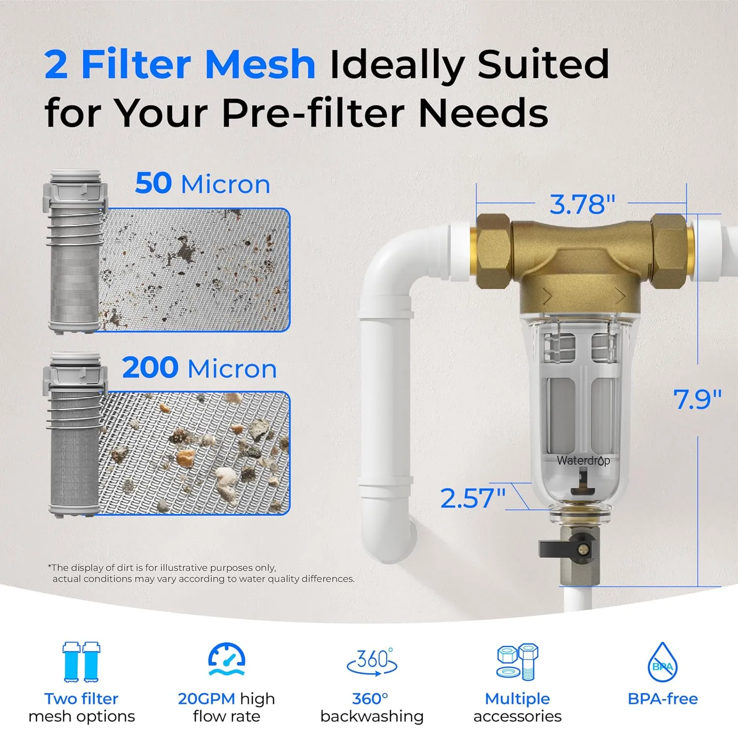 Waterdrop Spin Down Sediment Filter, Backwash Whole House Water Filter System for Well Water, 50 Micron 200 Micron, 1" MNPT   3/4" FNPT   3/4" MNPT, Traps Sand, BPA Free