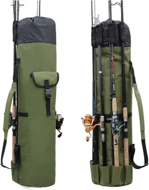 Waterproof Fishing Rod Bag for 5 Rods and Reels–Foldable Travel Fishing Gear Organizer with Padded Strap,Strong Tear-Resistant Fabric and Side Pockets–Great Gift for Dad, Men, Outdoor Lovers