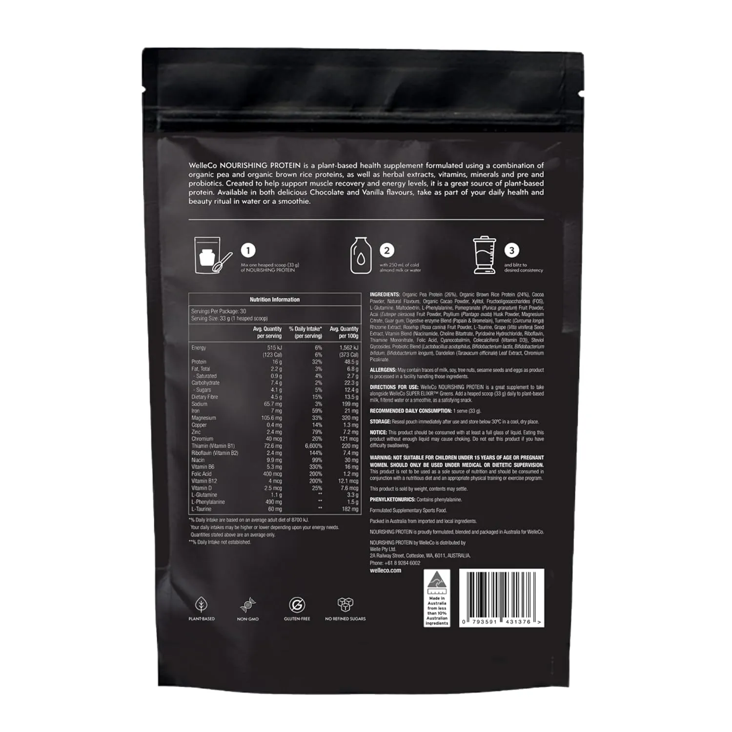 WelleCo Vegan Protein Powder, Gluten Free Premium Organic Sprouted Brown Rice & Pea Protein Blend, 6g Carbs & Dairy Free, for Energy, Muscle Recovery, 16g Protein Per Serving, Chocolate, 35.2oz Pouch