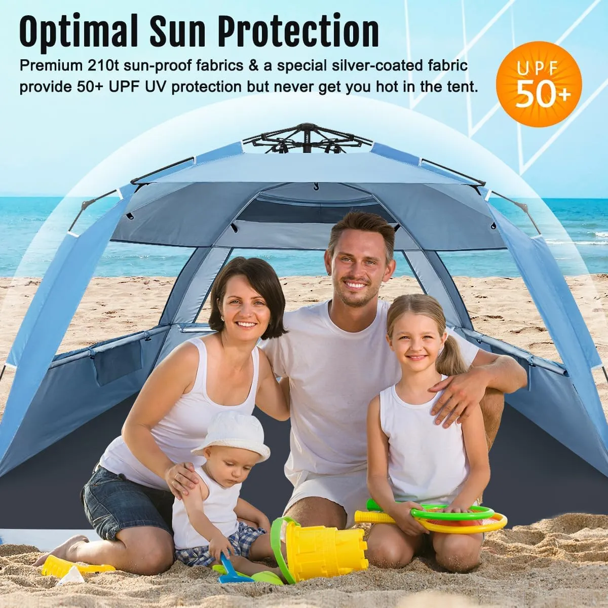 WhiteFang Deluxe Pop Up Beach Tent Sun Shade Shelter for 3-4/5-6 Person, UV Protection, Extendable Floor with 3 Ventilating Windows Plus Carrying Bag, Stakes, and Guy Lines