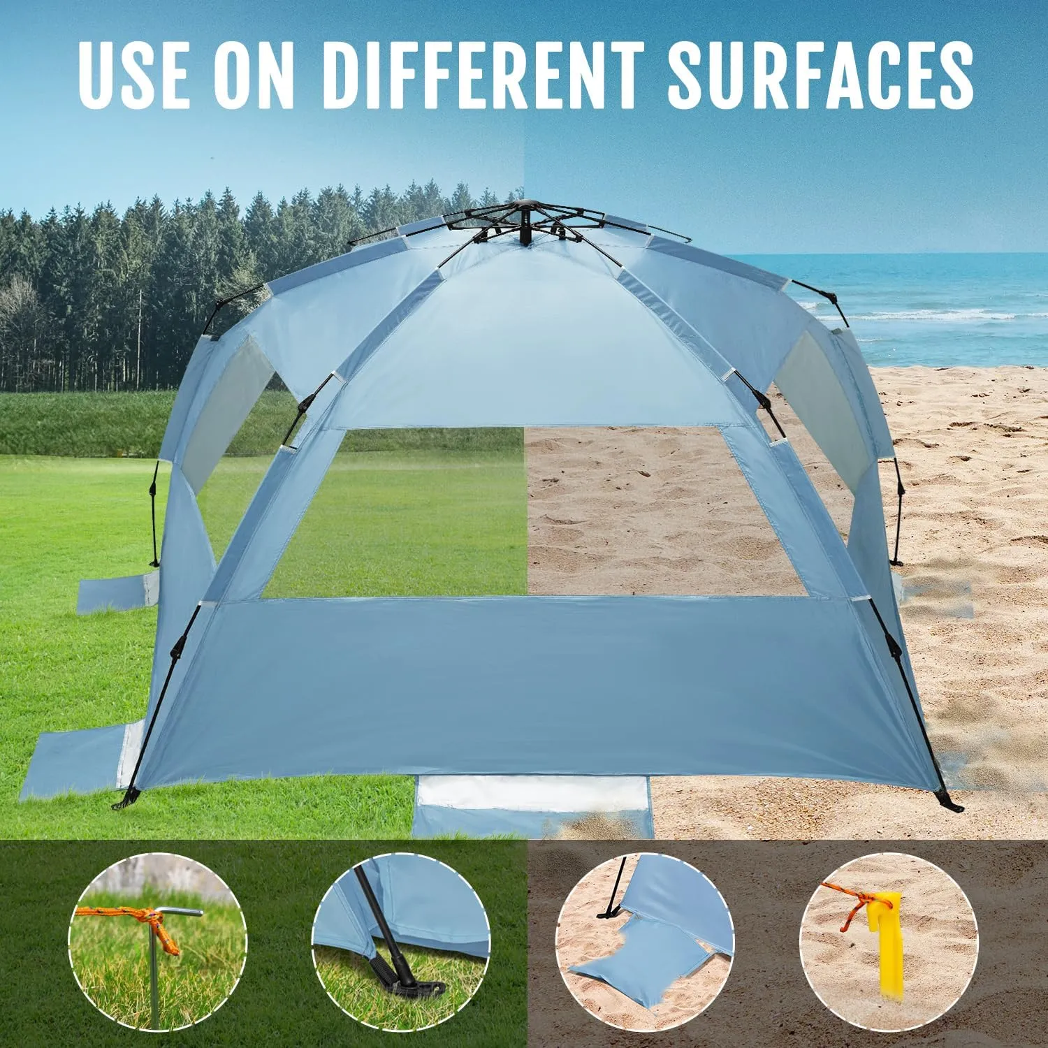 WhiteFang Deluxe Pop Up Beach Tent Sun Shade Shelter for 3-4/5-6 Person, UV Protection, Extendable Floor with 3 Ventilating Windows Plus Carrying Bag, Stakes, and Guy Lines