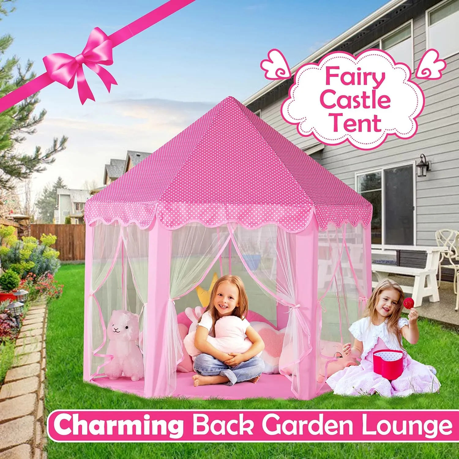 wilwolfer Princess Castle Play Tent for Girls Large Kids Play Tents Hexagon Playhouse with Star Lights Toys for Children Indoor Games (Pink)