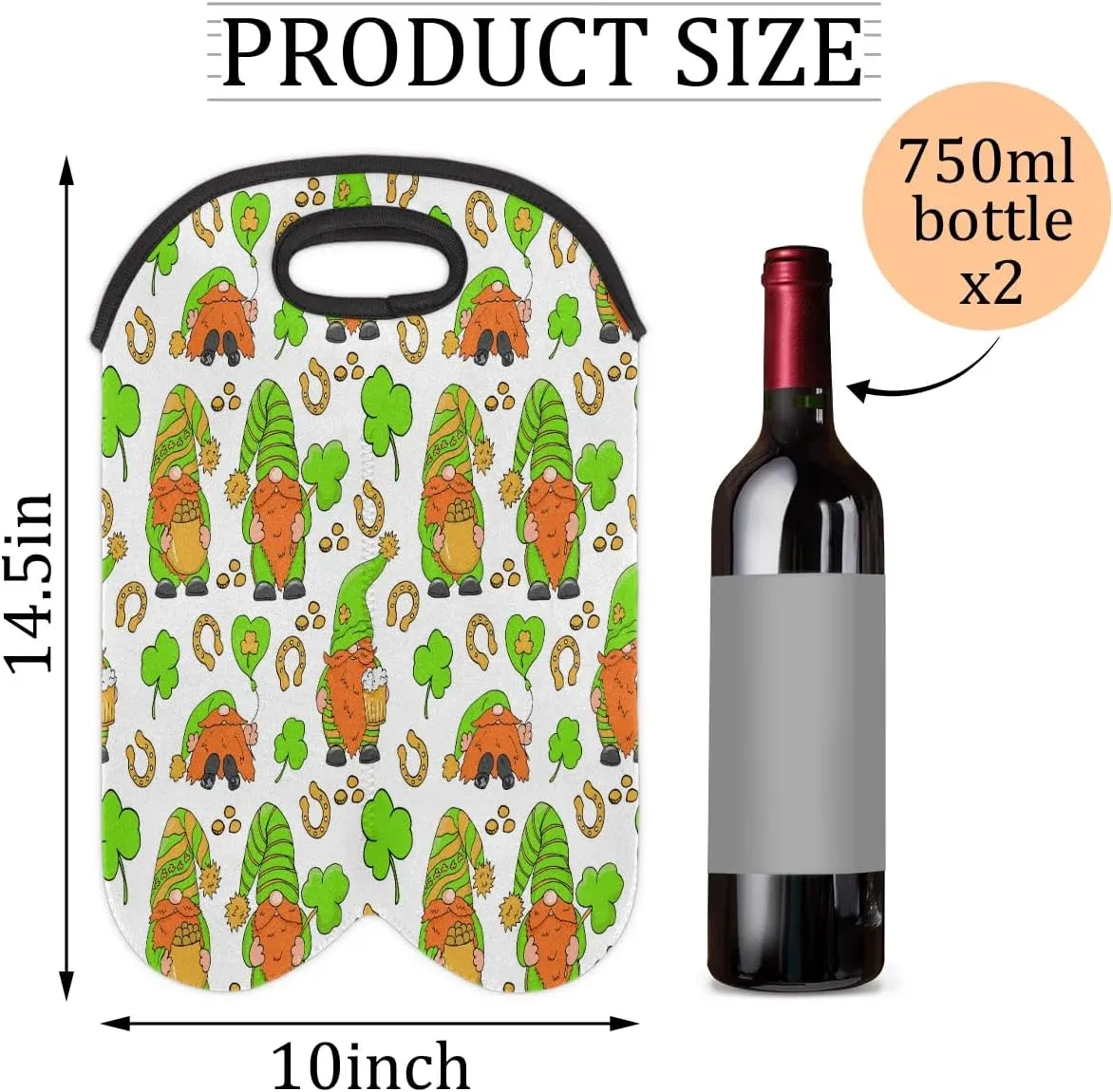 Wine Carrier Tote Bag for 2 Bottles Green Dwarf People Insulated Wine Cooler Bag Neoprene Wine Holder Tote Hand Bag with Carry Handle Leakproof Housewarming Wine Protective Bag