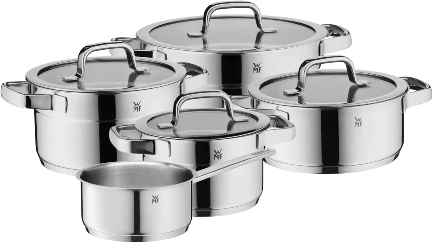 WMF Compact Cuisine 5-Piece Induction Saucepan Set with Glass Lid, Polished Cromargan Stainless Steel, Induction Pots Set, Uncoated, Inner Scale