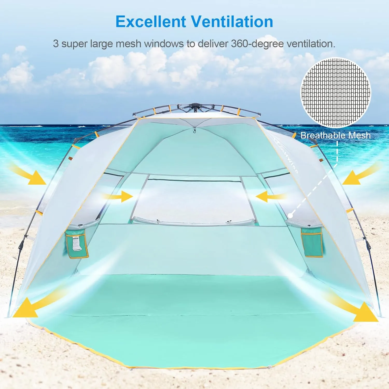 WolfWise 6-7 Person Easy Up Beach Tent UPF 50  Portable Instant Sun Shelter Canopy Umbrella with Extended Zippered Porch, Mint Green