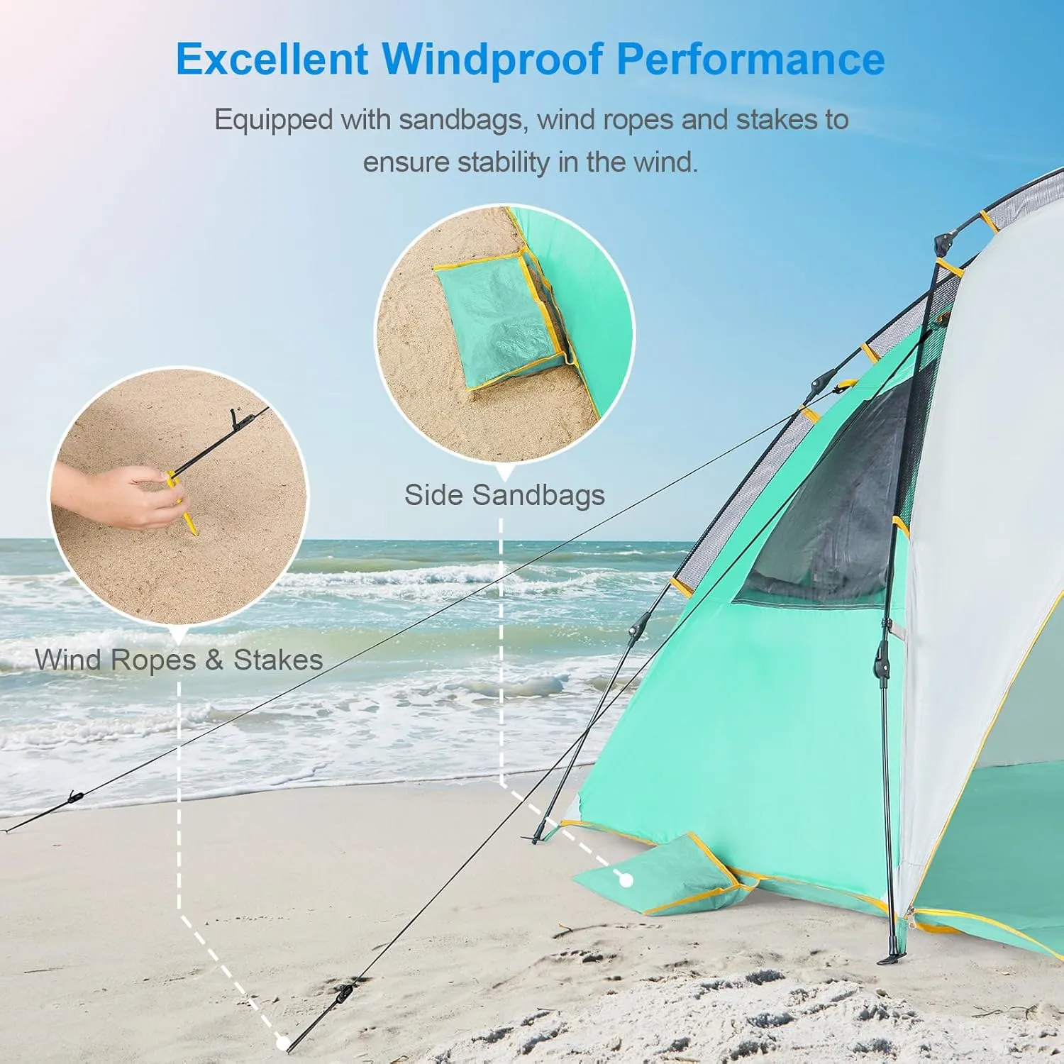 WolfWise 6-7 Person Easy Up Beach Tent UPF 50  Portable Instant Sun Shelter Canopy Umbrella with Extended Zippered Porch, Mint Green