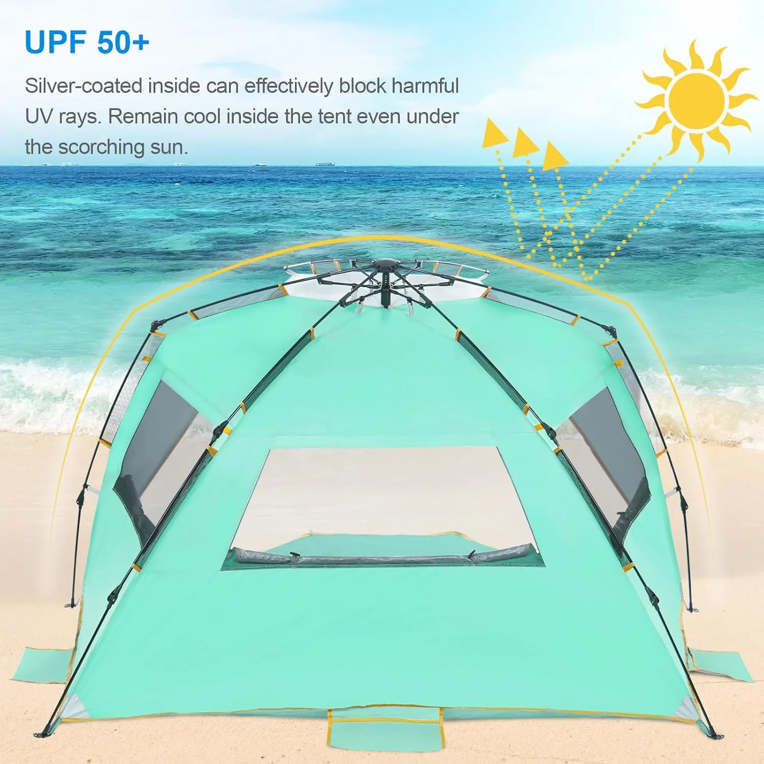 WolfWise 6-7 Person Easy Up Beach Tent UPF 50  Portable Instant Sun Shelter Canopy Umbrella with Extended Zippered Porch, Mint Green