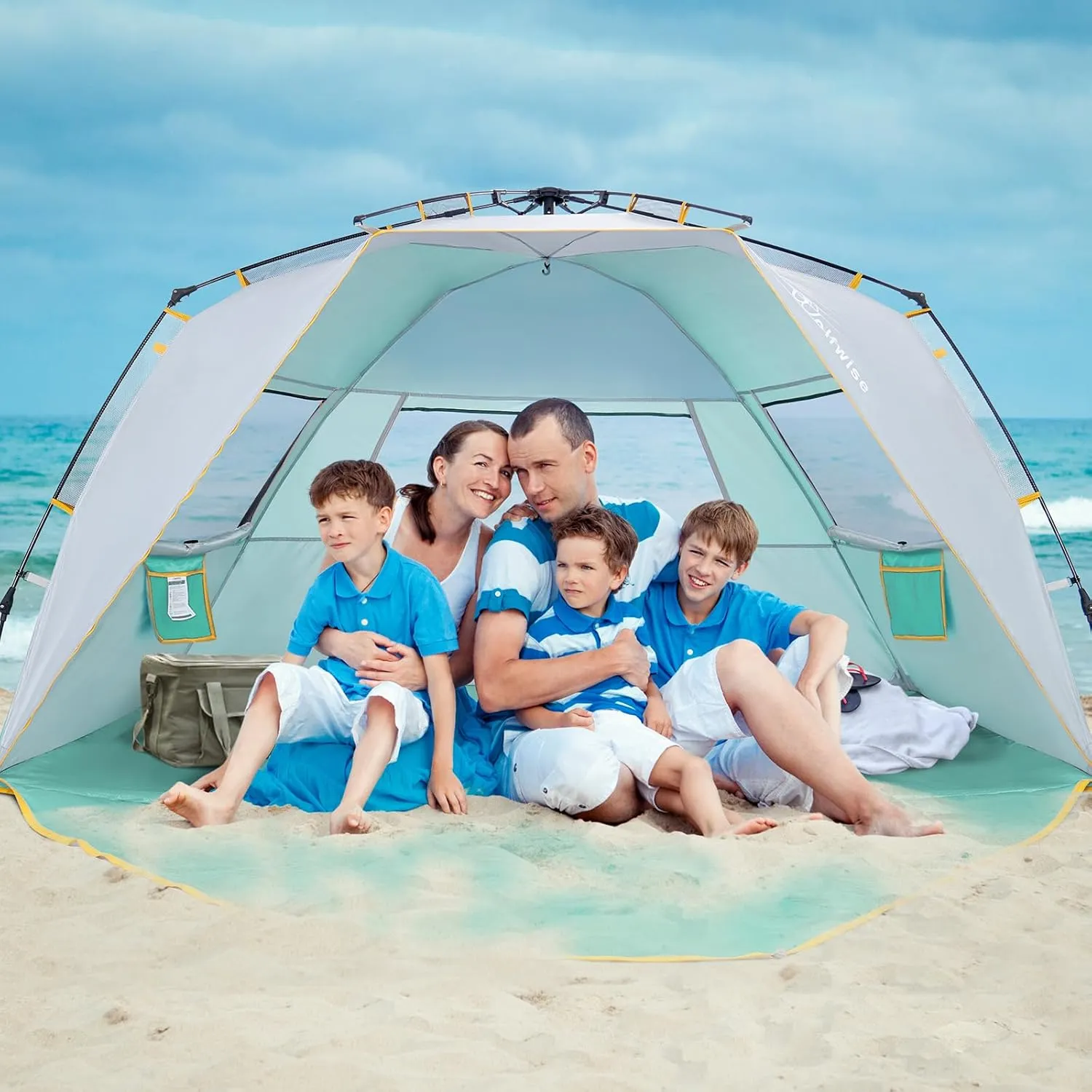 WolfWise 6-7 Person Easy Up Beach Tent UPF 50  Portable Instant Sun Shelter Canopy Umbrella with Extended Zippered Porch, Mint Green