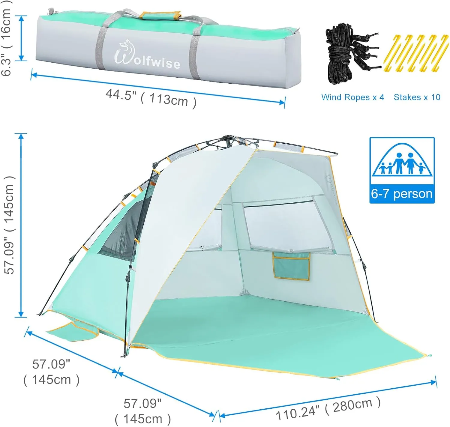 WolfWise 6-7 Person Easy Up Beach Tent UPF 50  Portable Instant Sun Shelter Canopy Umbrella with Extended Zippered Porch, Mint Green