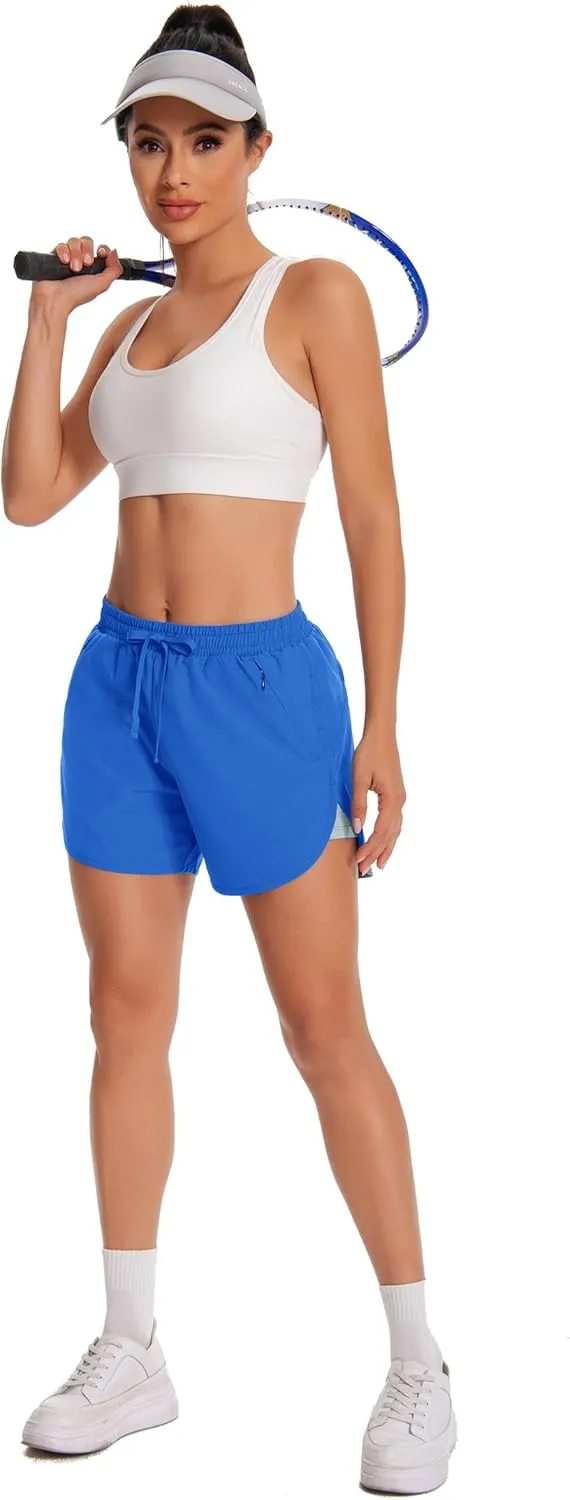 Womens Running Athletic Shorts - 2 in 1 Shorts High Waisted Workout Gym Casual Shorts Mesh Liner Zipper Pockets