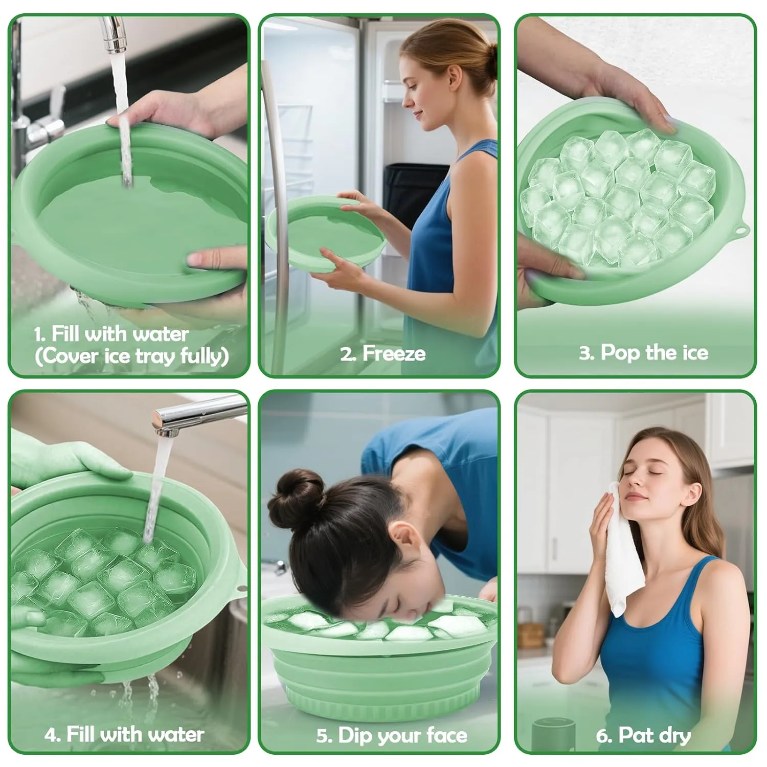 XANGNIER Face Bowl for Ice with Built-In Ice Tray – Collapsible Silicone Facial Ice Bath Bowl for Cold Plunge Therapy, Skin Tightening & Acne Relief – Green Portable Spa Tool for Home & Travel