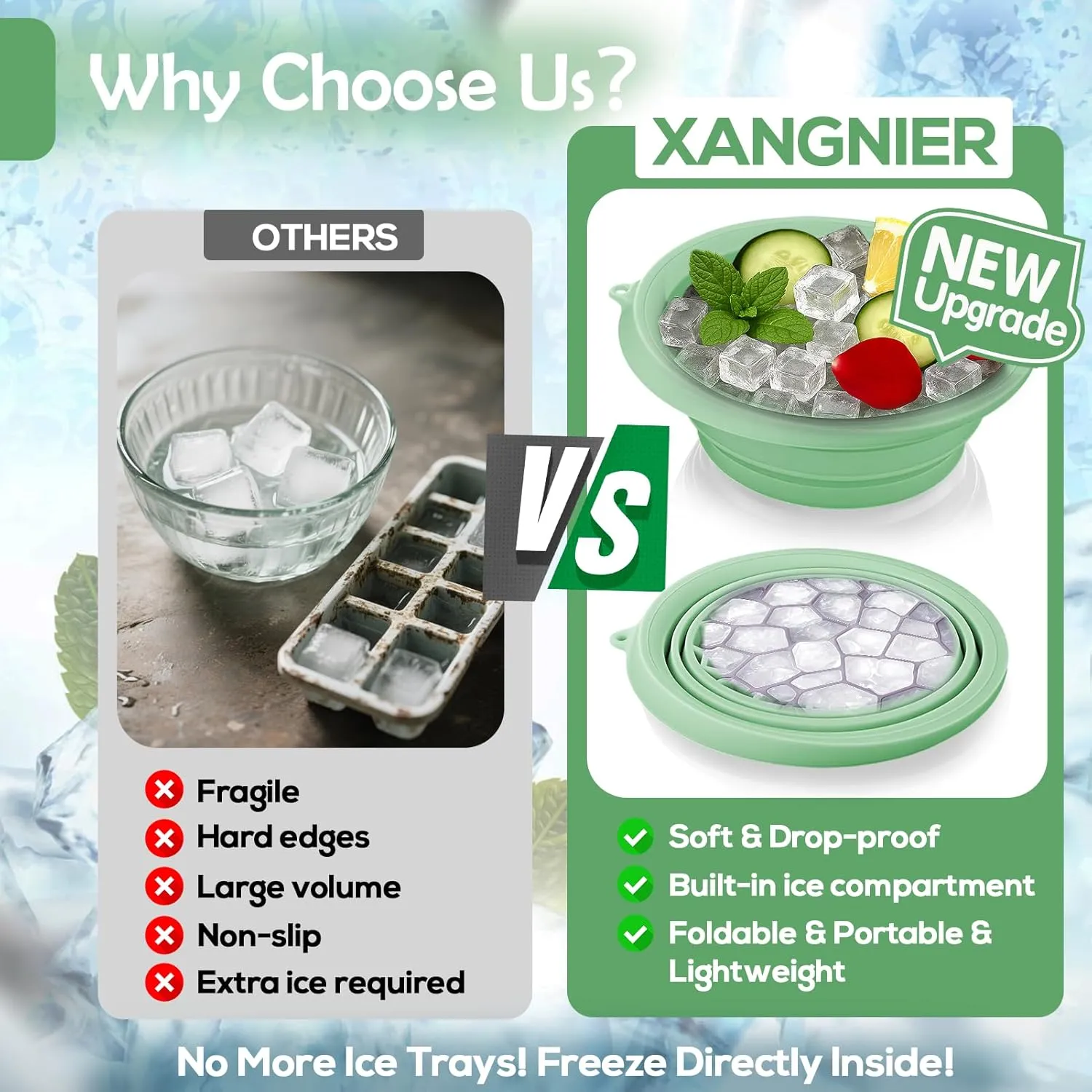 XANGNIER Face Bowl for Ice with Built-In Ice Tray – Collapsible Silicone Facial Ice Bath Bowl for Cold Plunge Therapy, Skin Tightening & Acne Relief – Green Portable Spa Tool for Home & Travel