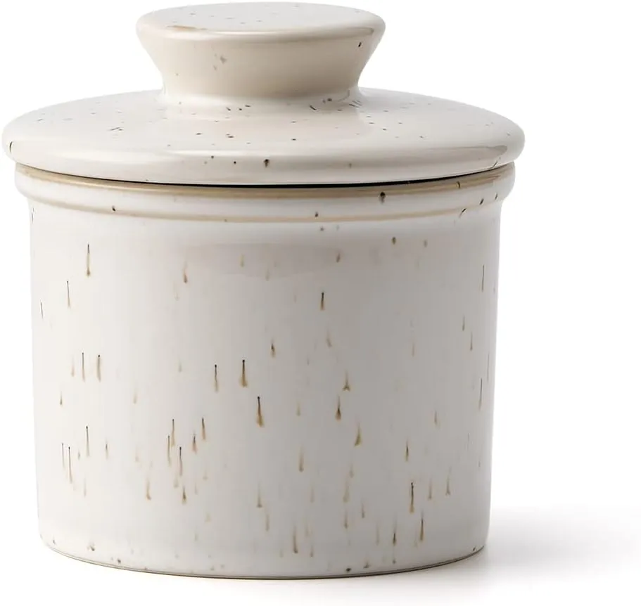 XELA Porcelain Butter Keeper Crock, French Butter Crock for Counter, Butter Keeper With Water Line for Fresh Spreadable Butter-Speckled White