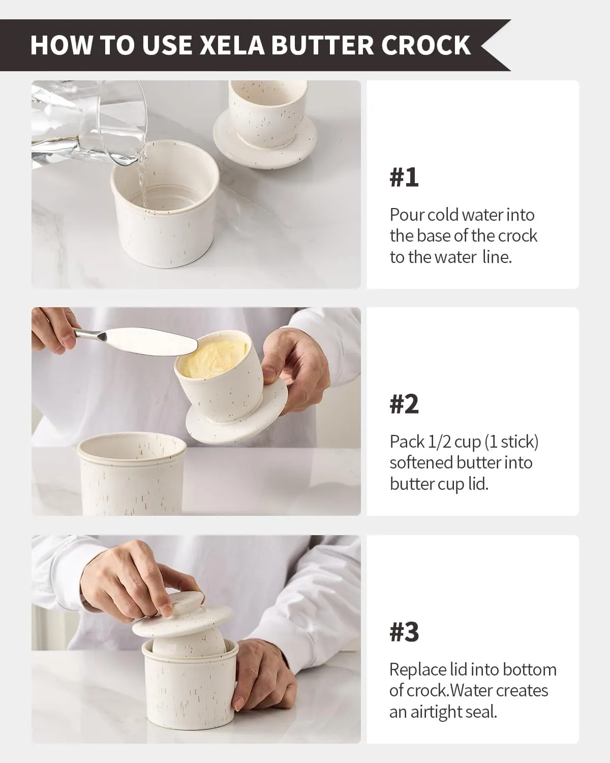 XELA Porcelain Butter Keeper Crock, French Butter Crock for Counter, Butter Keeper With Water Line for Fresh Spreadable Butter-Speckled White