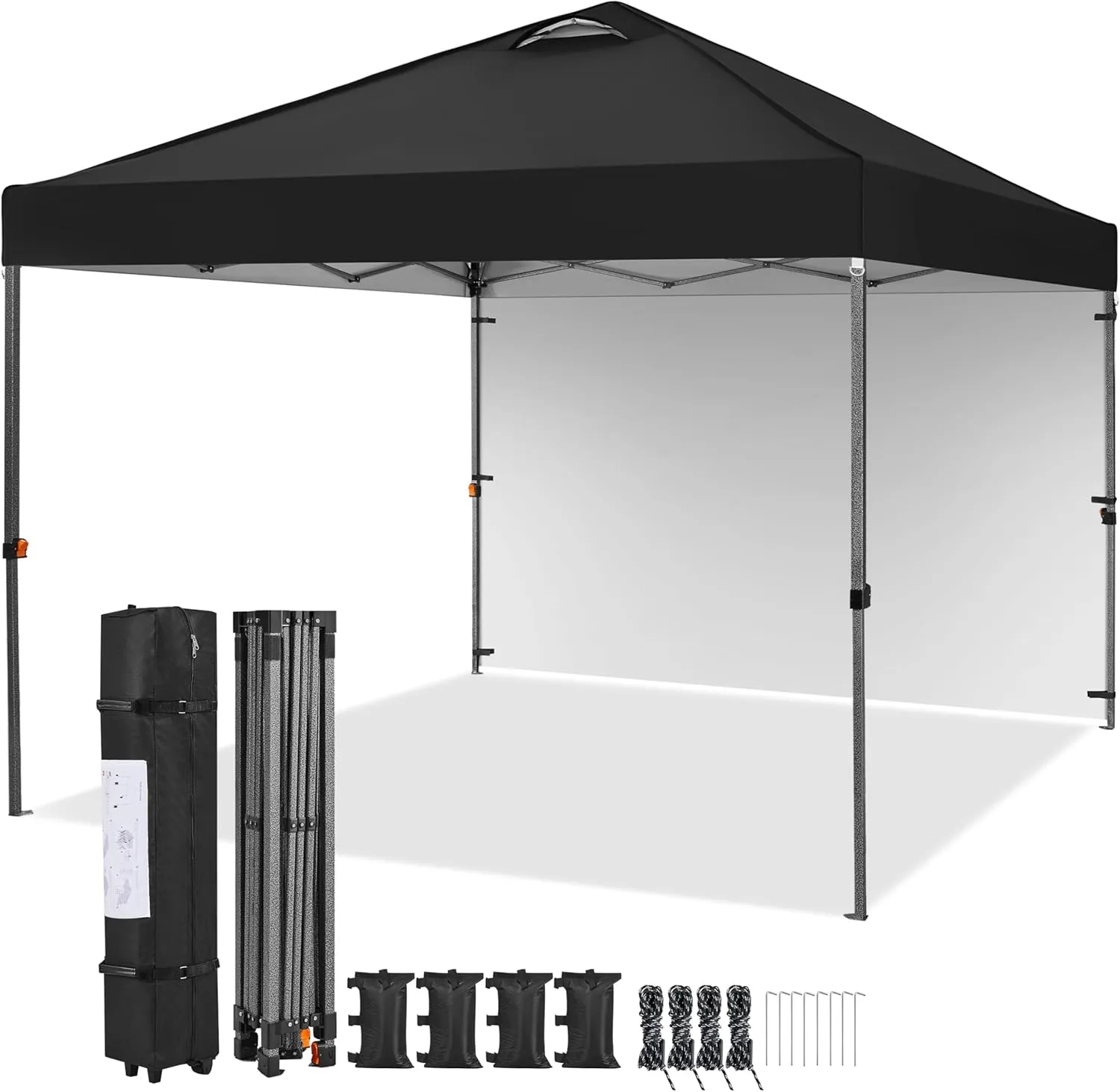 Yaheetech 10x10 Pop up Canopy Tent w/1 Sidewall, Instant Commercial 150D Silver Coated Fabric Outdoor Instant Tent w/Wheeled Bag, 4 Sandbags, 8 Stakes & 4 Ropes for Parties, Camping, Beach, Black