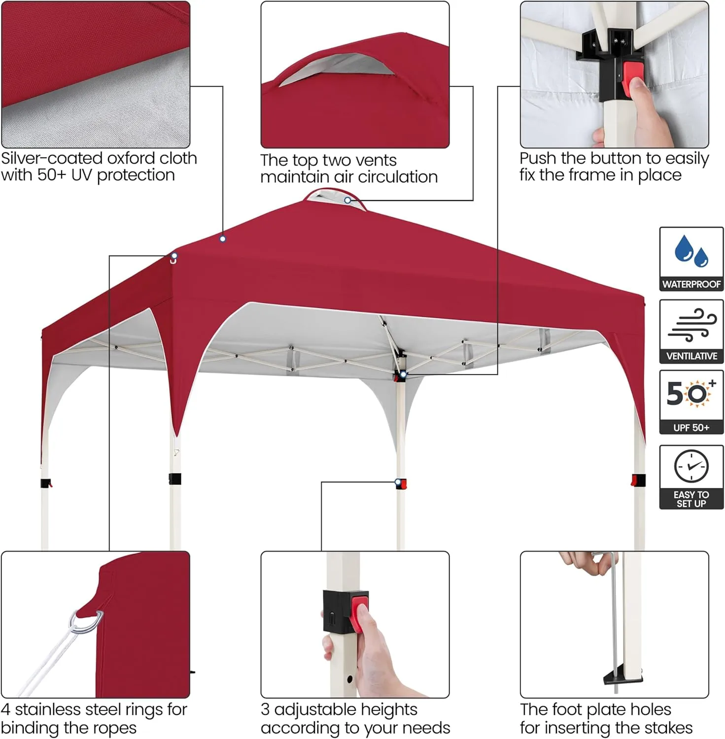 Yaheetech 10x10 Pop Up Canopy Tent with Vent, Easy Set Up Tent, Instant Sun Shelter Canopy with Wheeled Bag, 4 Sandbags, 12 Stakes & 4 Ropes, for Parties, Beach, Outdoor, Red