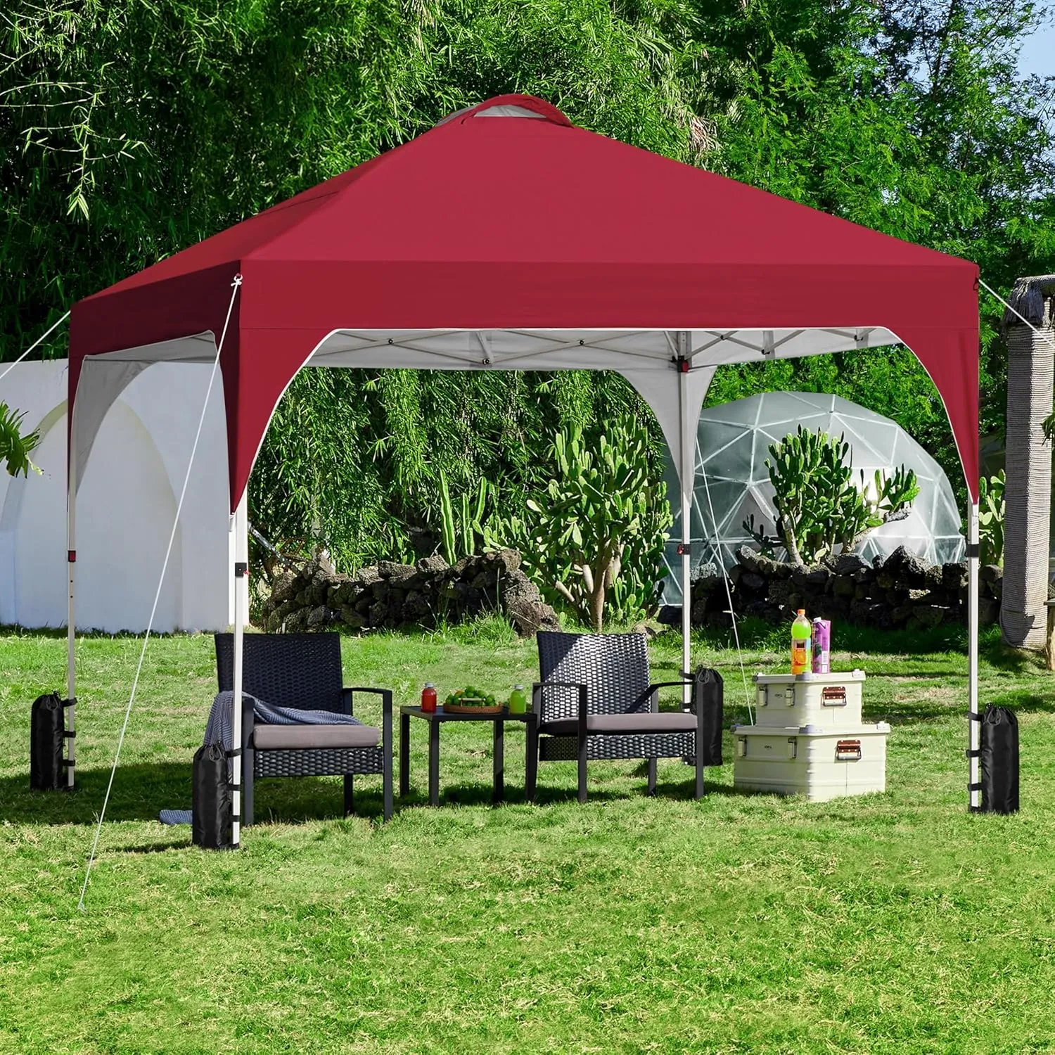 Yaheetech 10x10 Pop Up Canopy Tent with Vent, Easy Set Up Tent, Instant Sun Shelter Canopy with Wheeled Bag, 4 Sandbags, 12 Stakes & 4 Ropes, for Parties, Beach, Outdoor, Red