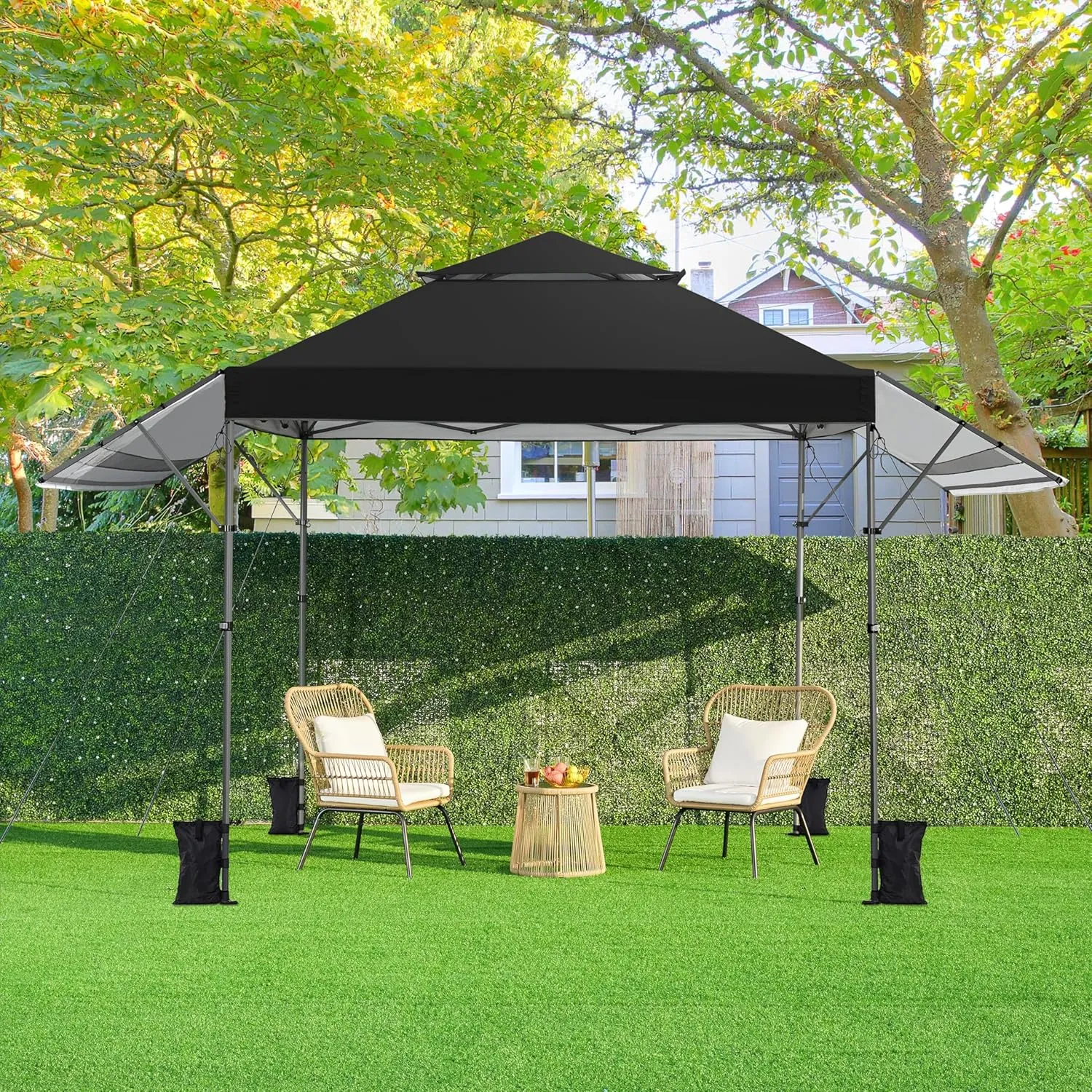 Yaheetech 10x17ft Pop Up Canopy with Awnings, 2-Tier Outdoor Canopy Tent, Heavy Duty Instant Shelter with Ventilation, Adjustable Dual Half Awnings & Wheeled Carry Bag, One-Handed Set-up, Black