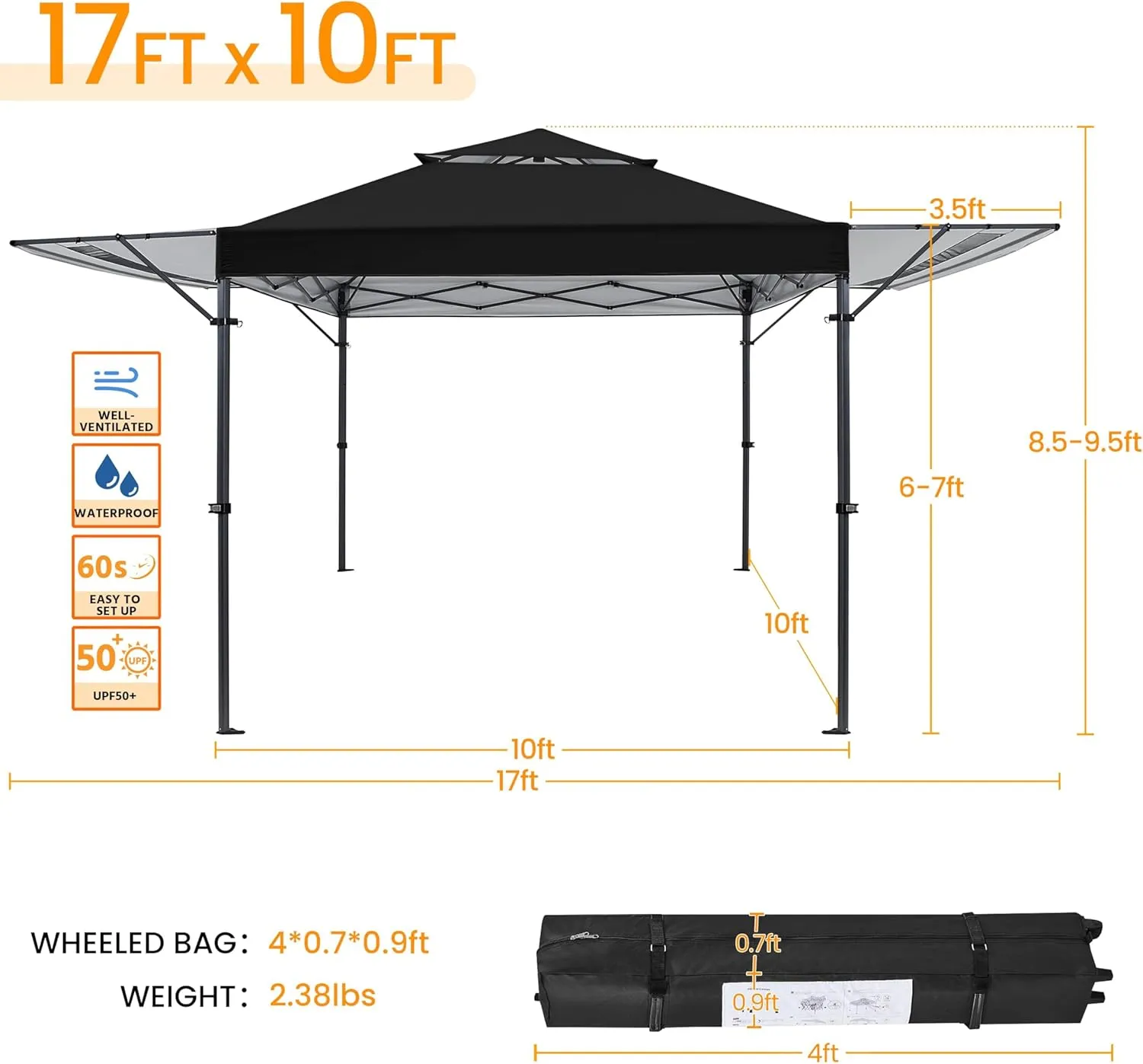 Yaheetech 10x17ft Pop Up Canopy with Awnings, 2-Tier Outdoor Canopy Tent, Heavy Duty Instant Shelter with Ventilation, Adjustable Dual Half Awnings & Wheeled Carry Bag, One-Handed Set-up, Black