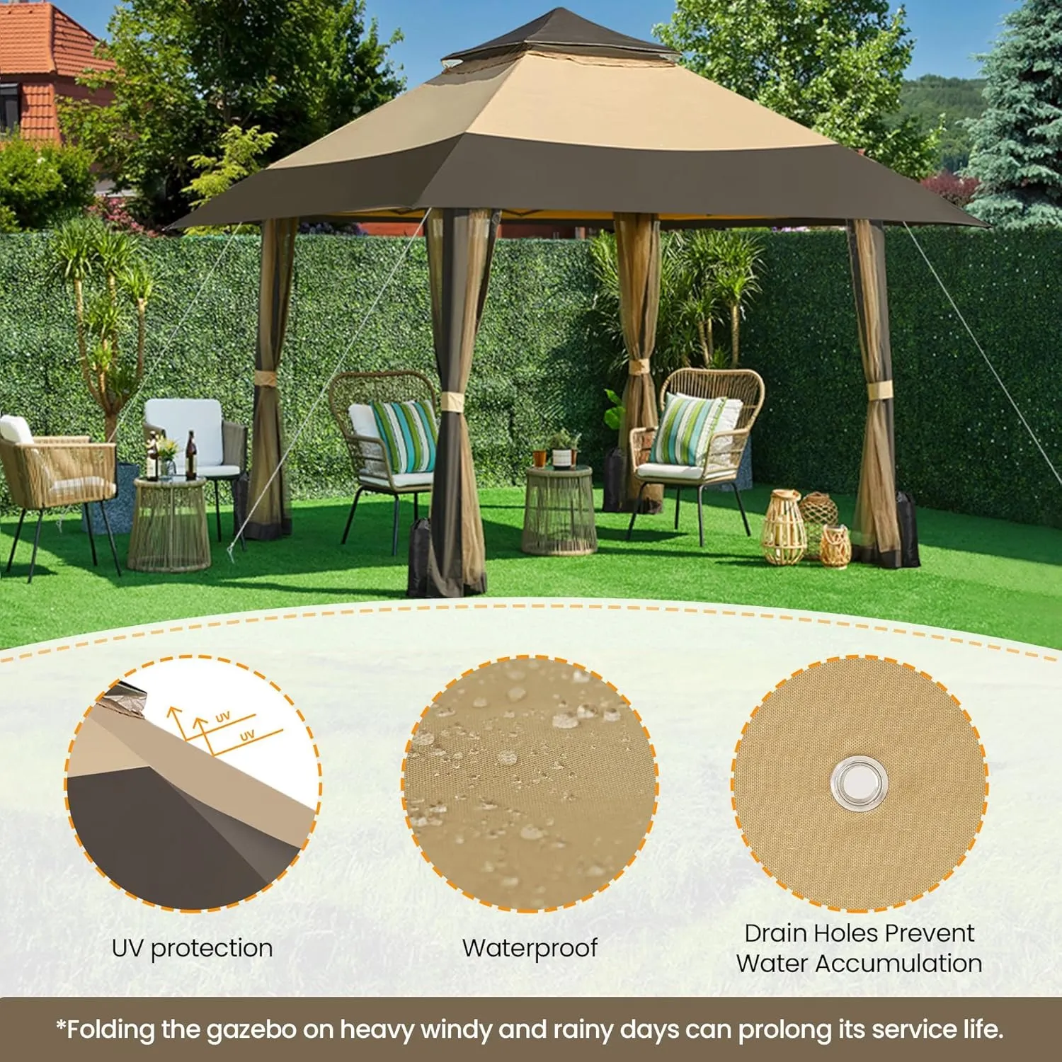 Yaheetech 13x13 Pop Up Gazebo Outdoor Canopy Shelter, Instant Patio Gazebo Sun Shade Canopy Tent with 4 Sandbags, Double Tiers & Mesh Netting for Lawn, Garden, Backyard & Deck, Khaki