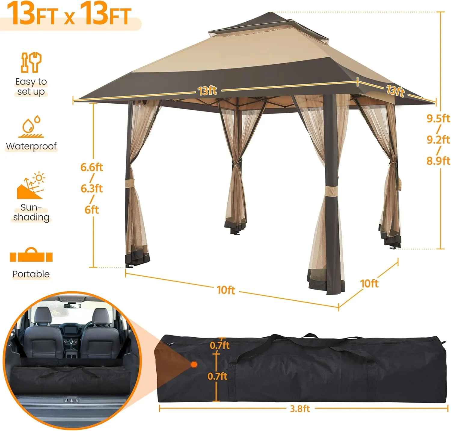 Yaheetech 13x13 Pop Up Gazebo Outdoor Canopy Shelter, Instant Patio Gazebo Sun Shade Canopy Tent with 4 Sandbags, Double Tiers & Mesh Netting for Lawn, Garden, Backyard & Deck, Khaki