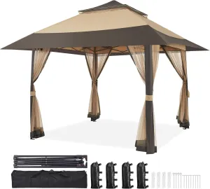 Yaheetech 13x13 Pop Up Gazebo Outdoor Canopy Shelter, Instant Patio Gazebo Sun Shade Canopy Tent with 4 Sandbags, Double Tiers & Mesh Netting for Lawn, Garden, Backyard & Deck, Khaki