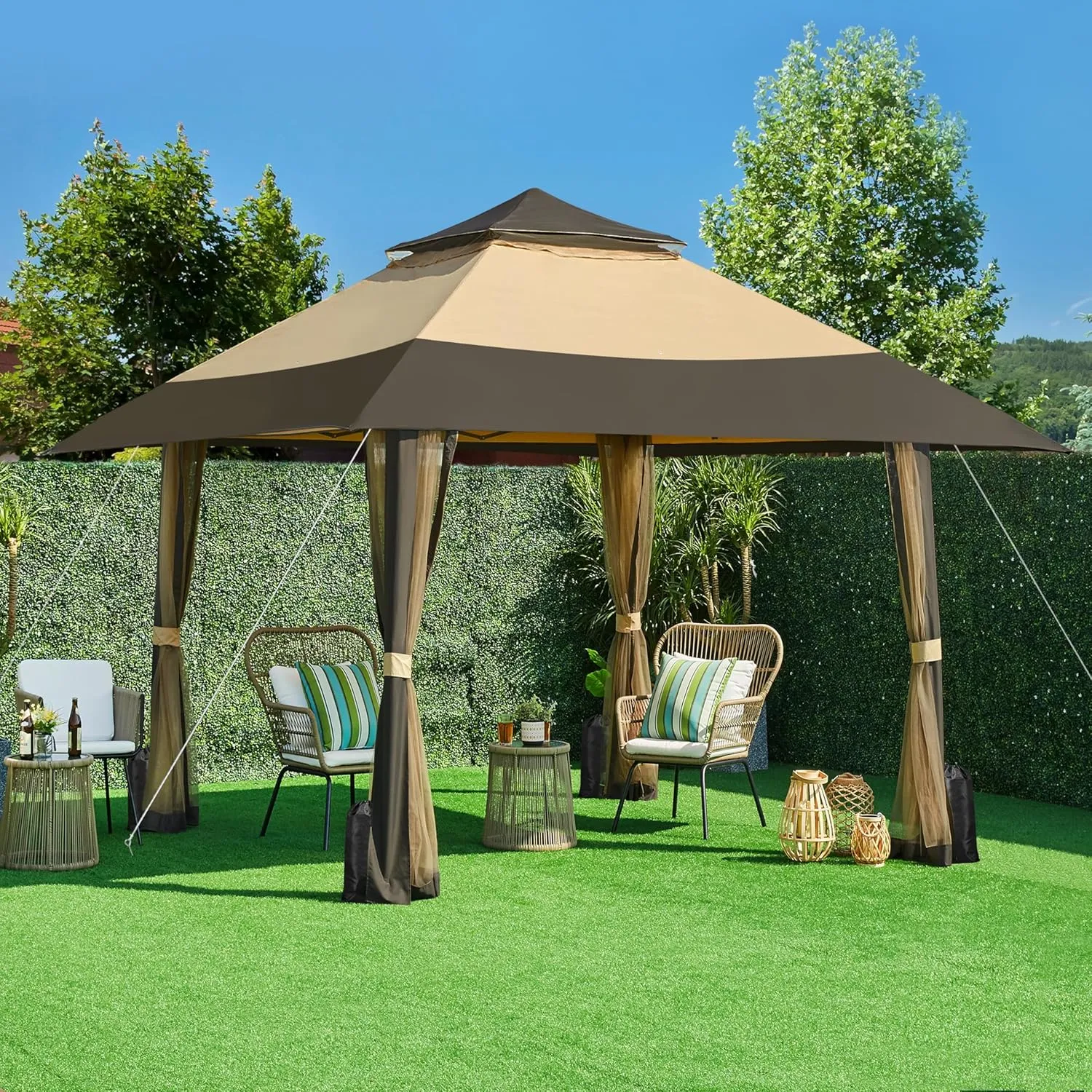 Yaheetech 13x13 Pop Up Gazebo Outdoor Canopy Shelter, Instant Patio Gazebo Sun Shade Canopy Tent with 4 Sandbags, Double Tiers & Mesh Netting for Lawn, Garden, Backyard & Deck, Khaki