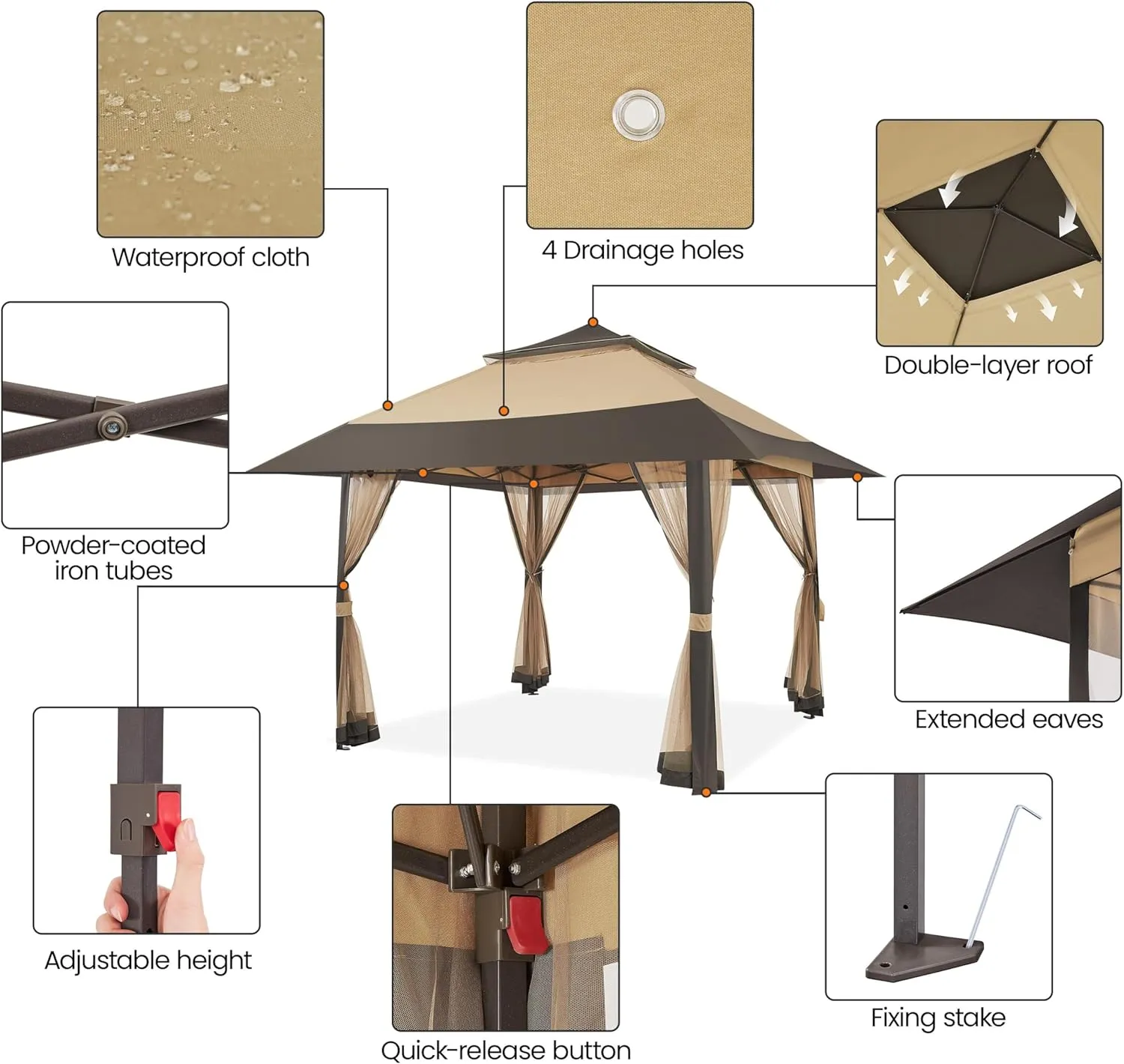 Yaheetech 13x13 Pop Up Gazebo Outdoor Canopy Shelter, Instant Patio Gazebo Sun Shade Canopy Tent with 4 Sandbags, Double Tiers & Mesh Netting for Lawn, Garden, Backyard & Deck, Khaki