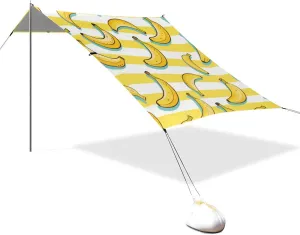 Yellow White Striped Fruit Banana Designed UPF50  Beach Tent & Canopy Water-Resistant Sun Shade with Sand Shovel for Camping, Fishing, Backyard Fun carpa para la Playa