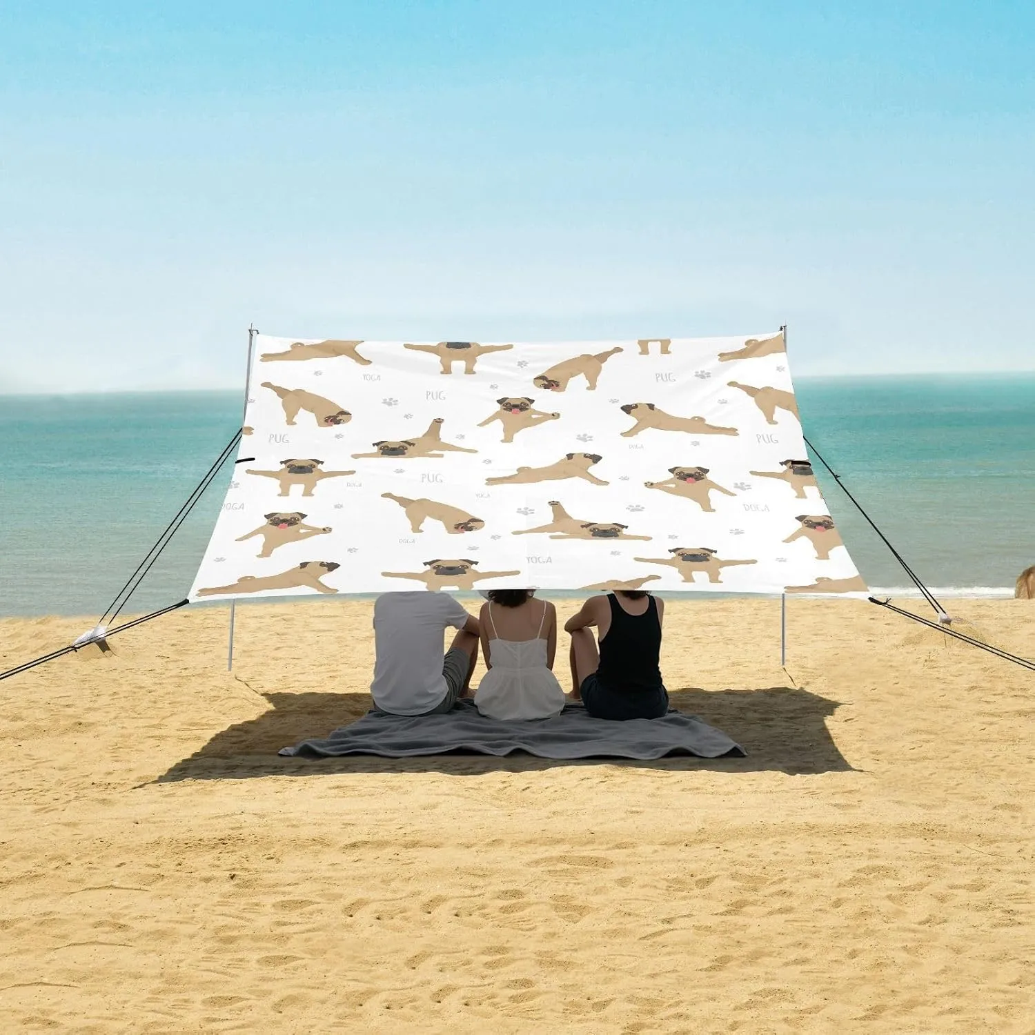 Yoga Pug Poses Exercises Beach Canopy Tent Anti-UV & Wind Resistant, Dog Paw Prints Camping Sun Shelter Easy Setup Portable,Outdoor Shade Tents with Sandbags,Sand Shovels,Ground Pegs & Stability