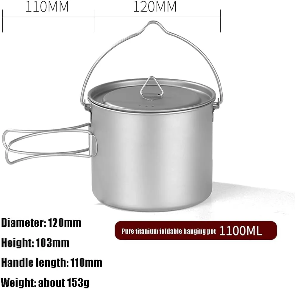 YYDS Outdoor Camping Outdoors Camping Cookware Lightweight Hanging Pot Camping Cooker Pure Titanium Foldable Hanging Pot Hiking Cooking Pot Adventures Picnics (Size : 1100ml)
