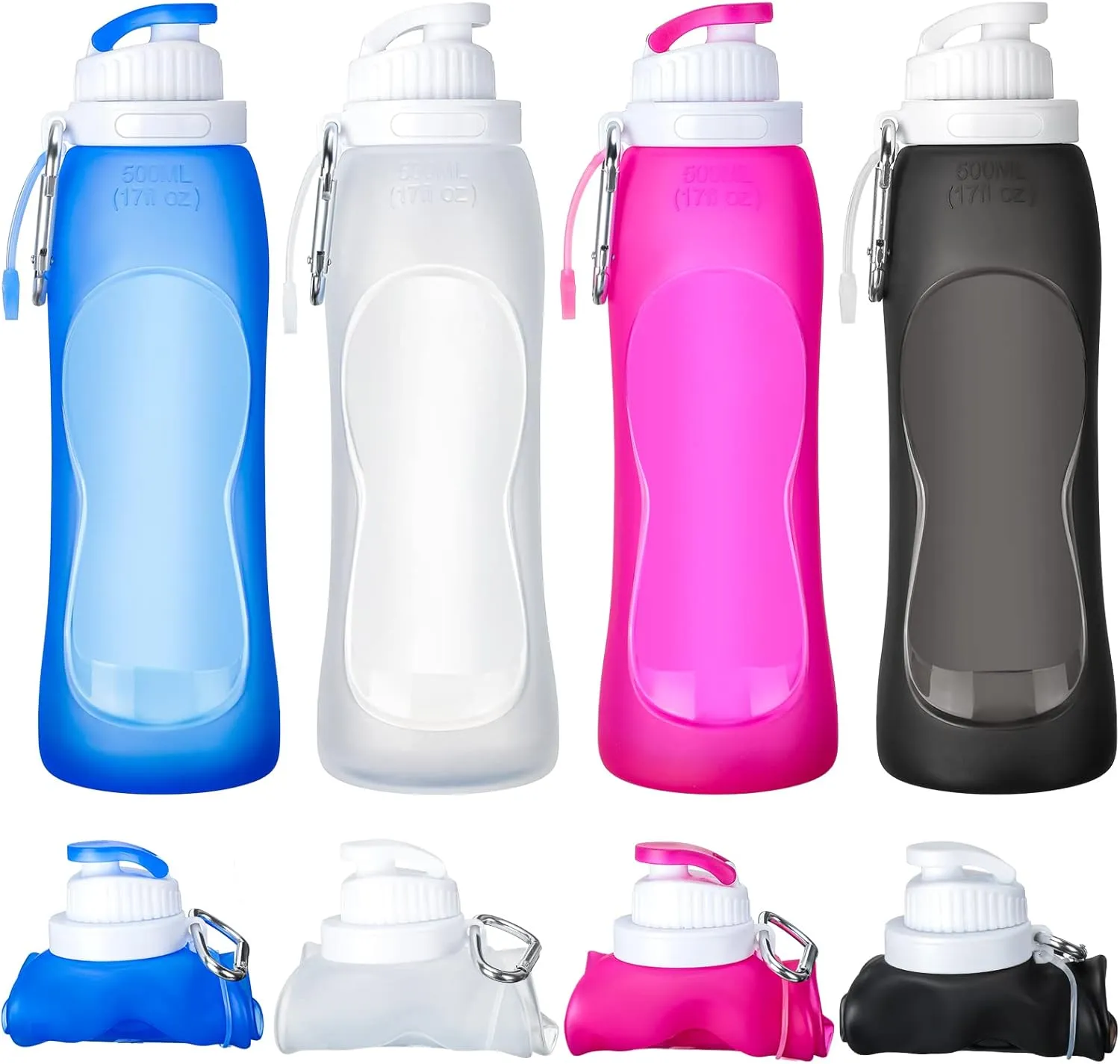 Zopeal 4 Pieces Collapsible Water Bottles Roll up Folding Silicone Foldable Leak Proof Water Bottles for Sports Traveling Riding Camping Hiking Backpack
