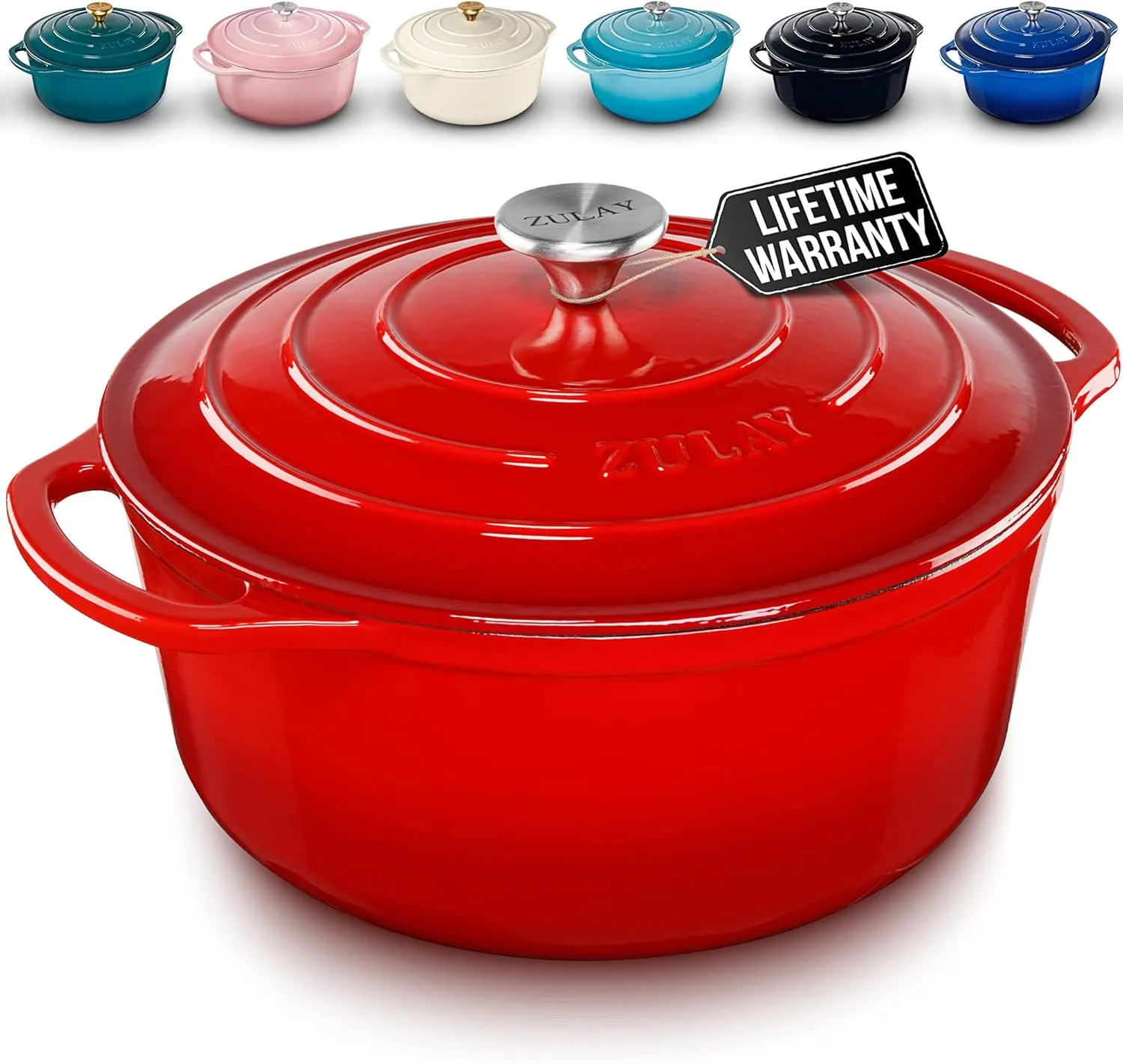 Zulay Kitchen 6 Quart Enameled Cast Iron Dutch Oven with Lid – Premium Durability & Oven Safe up to 500°F – Heavy Duty Cookware Perfect for Bread Baking, Stews, Braising & Roasting – Red