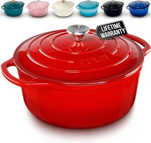 Zulay Kitchen 6 Quart Enameled Cast Iron Dutch Oven with Lid – Premium Durability & Oven Safe up to 500°F – Heavy Duty Cookware Perfect for Bread Baking, Stews, Braising & Roasting – Red